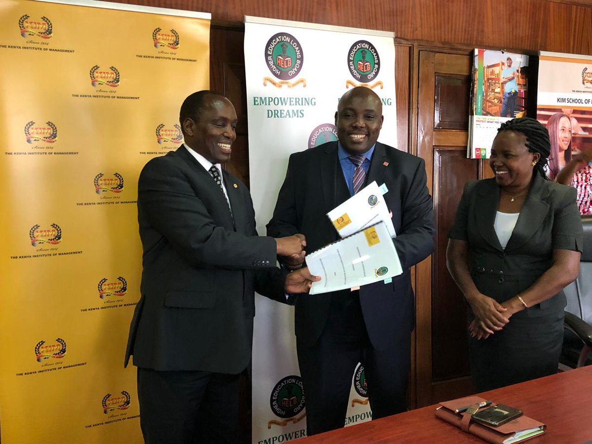 <p>On 28th March 2019, the Kenya Institute of Management (KIM) and Higher Education Loans Board (HELB) signed an MOU for The Certified Human Resource Professionals [CHRP] examination financing. As a result of this MOU, all Postgraduate Diploma students pursuing Certified Human Resource Professional Courses (CHRP) are eligible to benefit from the HELB Jielimishe Loan. The students can apply for up to KSh100,000 per annum. This product will, however, only benefit employed applicants with a first degree.</p><br><p>Mr. Muriithi Ndegwa, CEO Kenya Institute of Management said, “…we offer the CHRP Diploma in all KIM Branches in Kenya and will encourage our salaried students to apply for the HELB Jielimishe Loan.” The HELB Jielimishe Loan was introduced on 14th January 2019 under the Jielimishe, Jiendeleze tagline. HELB CEO, Mr. Charles Ringera said, “…in the last two months, we have so far received 870 interested applicants for the HELB Jielimishe Loan out of which 183 [21%] are specifically requested for the HR Post Graduate Diploma.</p><p><strong>A great boost to the HR profession</strong></p><p><span style="font-size: 0.875rem;">This move is a great boost to the HR profession, an area that requires specialized knowledge, skills, and training especially now due to the evolving nature of the workplace and employees.</span></p><p>The event marked yet another key achievement that will see an increase in the number of students that will benefit from KIM’s high quality and top-notch products and services. Mr. Ndegwa reiterated KIM`s commitment to offering high-level education and exposure to diverse leadership and management concepts that are key in an ever more dynamic and complex world. “Ultimately, our responsibility as a training institution is to churn out individuals who become good ambassadors of integrity in our country, role models in their respective spheres and responsibilities and most importantly, people who live and promote excellence in leadership and management,” he said.</p><p><strong><em>Caption: Higher Education Loans Board (HELB) CEO, Mr. Charles Ringera (left) and The Kenya Institute of Management (KIM) CEO, Mr. Muriithi Ndegwa after signing the MoU that will see all Postgraduate Diploma students pursuing CHRP at KIM benefit from the HELB Jielimishe Loan</em></strong></p>