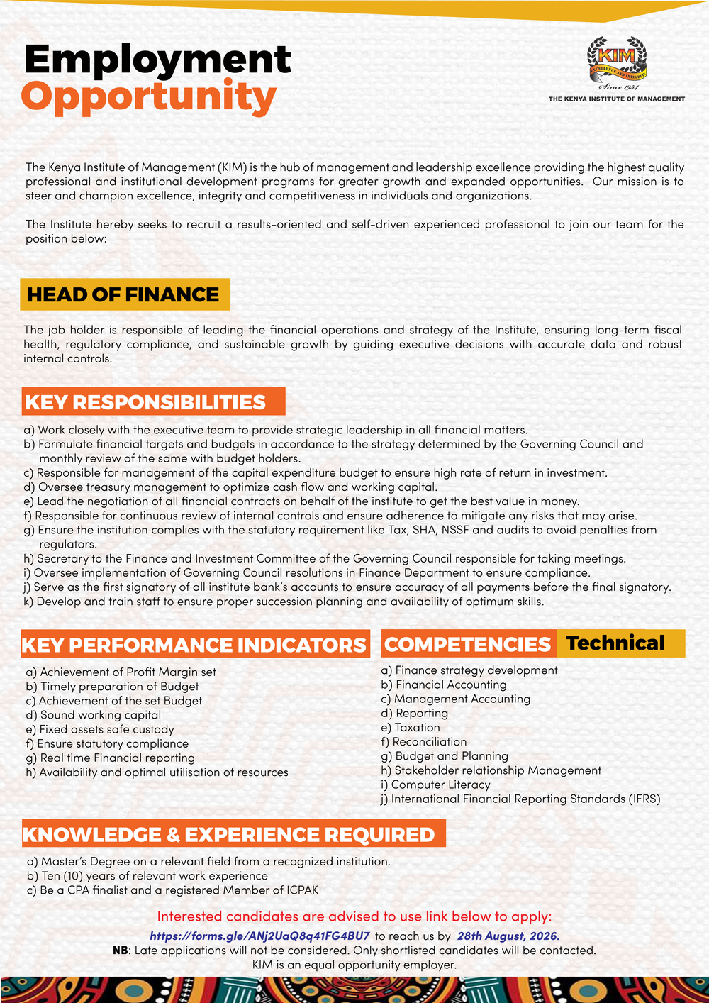 HEAD OF FINANCE